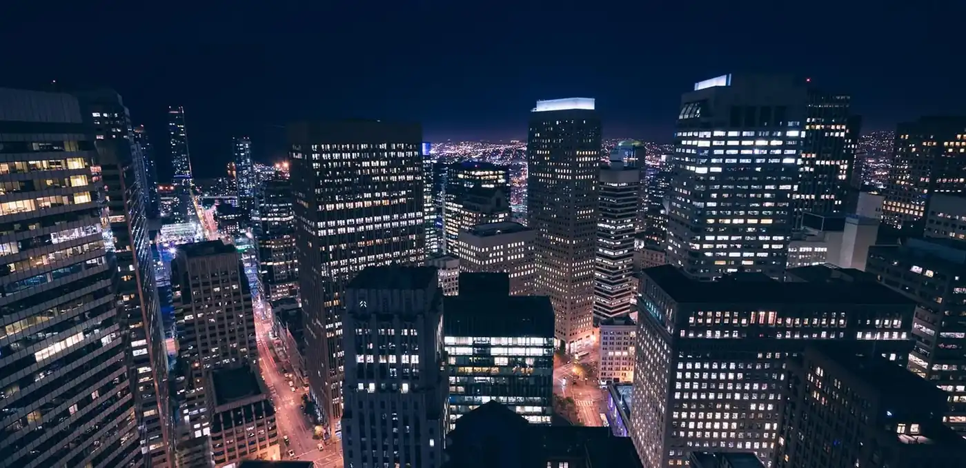 Commercial district skyline at night